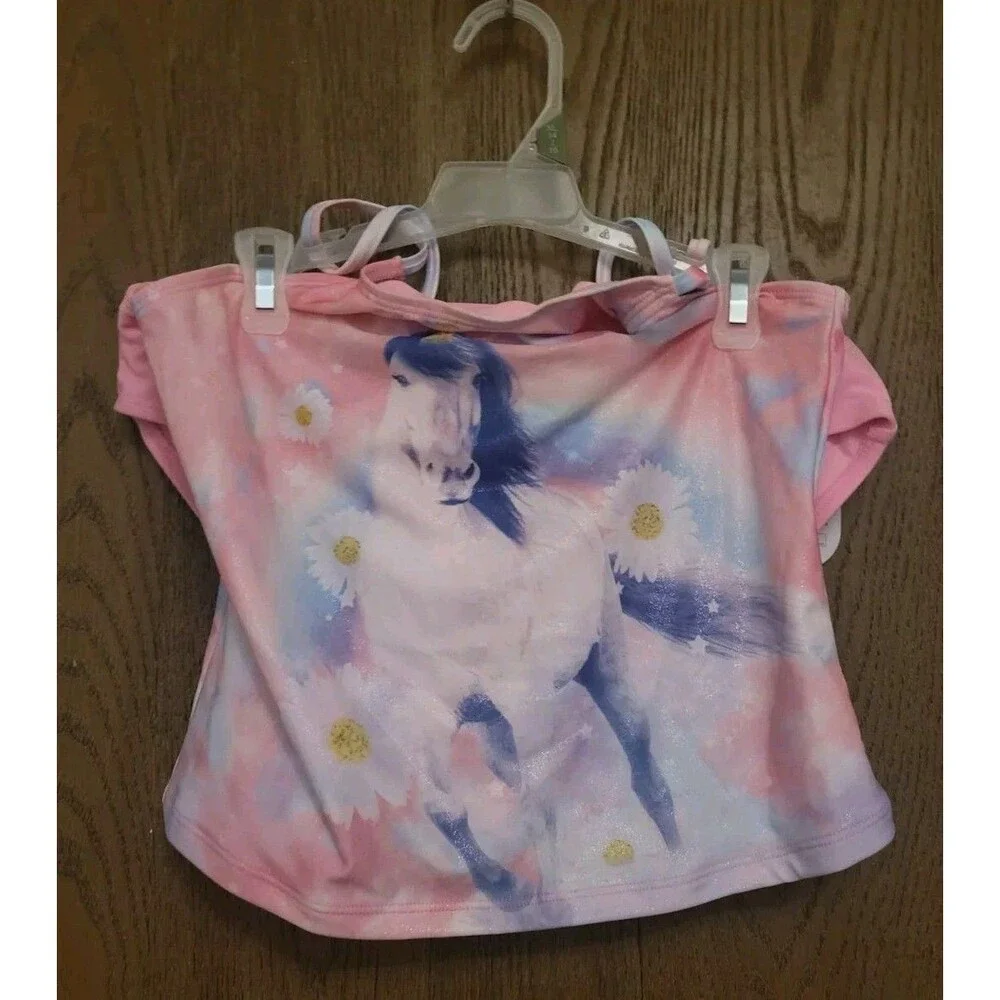 Wonder Nation Girls 2 Piece Swimsuit Tankini Unicorn Size XL 14/16 Pink UPF 50+